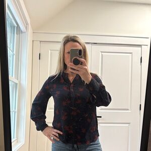 Ann Taylor Dark Blue Blouse with Red Floral Pattern